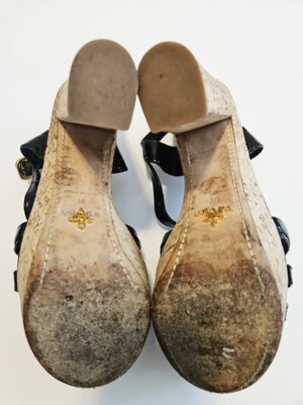 PRADA Milano Black Patent Leather Cork Platform Block US9/UK39 Heels Slingback